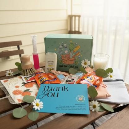 Fresh Crate monthly cleaning subscription box styled with eucalyptus and white flowers on warm wood surface